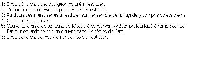 Zone de Texte: 1: Enduit  la chaux et badigeon color  restituer.2: Menuiserie pleine avec imposte vitre  restituer.3: Partition des menuiseries  restituer sur lensemble de la faade y compris volets pleins.4: Corniche  conserver.5: Couverture en ardoise, sens de fatage  conserver. Artier prfabriqu  remplacer par     lartier en ardoise mis en oeuvre dans les rgles de lart.6: Enduit  la chaux, couvrement en tle  restituer.