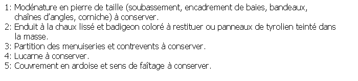 Zone de Texte:  1: Modnature en pierre de taille (soubassement, encadrement de baies, bandeaux,      chanes dangles, corniche)  conserver. 2: Enduit  la chaux liss et badigeon color  restituer ou panneaux de tyrolien teint dans      la masse. 3: Partition des menuiseries et contrevents  conserver. 4: Lucarne  conserver. 5: Couvrement en ardoise et sens de fatage  conserver.