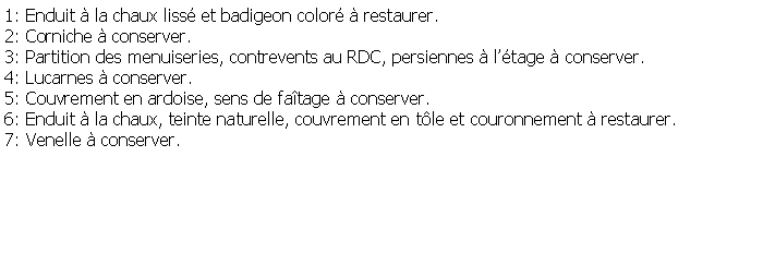 Zone de Texte: 1: Enduit  la chaux liss et badigeon color  restaurer.2: Corniche  conserver.3: Partition des menuiseries, contrevents au RDC, persiennes  ltage  conserver.4: Lucarnes  conserver.5: Couvrement en ardoise, sens de fatage  conserver.6: Enduit  la chaux, teinte naturelle, couvrement en tle et couronnement  restaurer.7: Venelle  conserver.