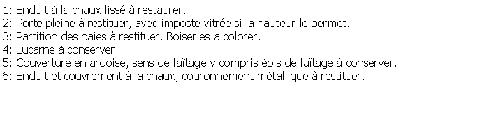 Zone de Texte: 1: Enduit  la chaux liss  restaurer.2: Porte pleine  restituer, avec imposte vitre si la hauteur le permet.3: Partition des baies  restituer. Boiseries  colorer.4: Lucarne  conserver.5: Couverture en ardoise, sens de fatage y compris pis de fatage  conserver.6: Enduit et couvrement  la chaux, couronnement mtallique  restituer.