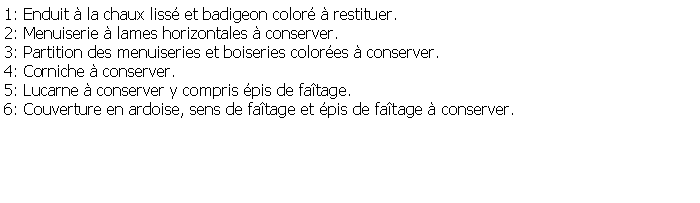 Zone de Texte: 1: Enduit  la chaux liss et badigeon color  restituer.2: Menuiserie  lames horizontales  conserver.3: Partition des menuiseries et boiseries colores  conserver.4: Corniche  conserver.5: Lucarne  conserver y compris pis de fatage.6: Couverture en ardoise, sens de fatage et pis de fatage  conserver.