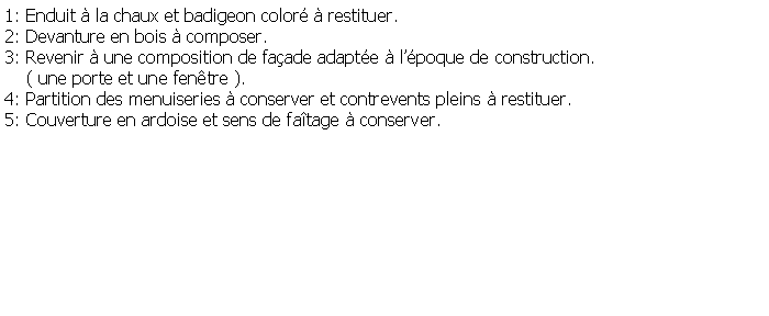 Zone de Texte: 1: Enduit  la chaux et badigeon color  restituer.2: Devanture en bois  composer.3: Revenir  une composition de faade adapte  lpoque de construction.    ( une porte et une fentre ).4: Partition des menuiseries  conserver et contrevents pleins  restituer.5: Couverture en ardoise et sens de fatage  conserver.