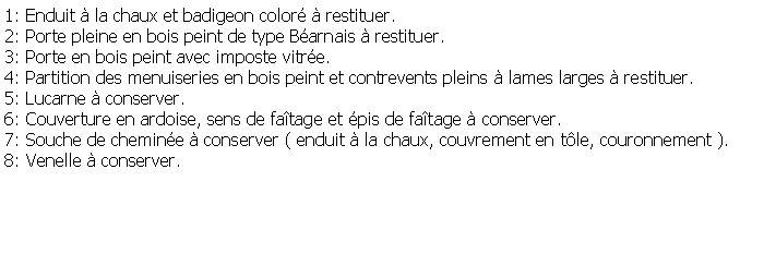 Zone de Texte: 1: Enduit  la chaux et badigeon color  restituer.2: Porte pleine en bois peint de type Barnais  restituer.3: Porte en bois peint avec imposte vitre.4: Partition des menuiseries en bois peint et contrevents pleins  lames larges  restituer.5: Lucarne  conserver.6: Couverture en ardoise, sens de fatage et pis de fatage  conserver.7: Souche de chemine  conserver ( enduit  la chaux, couvrement en tle, couronnement ).8: Venelle  conserver.