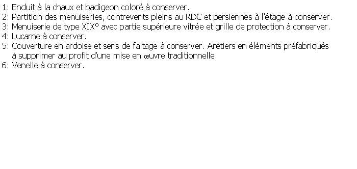 Zone de Texte: 1: Enduit  la chaux et badigeon color  conserver.2: Partition des menuiseries, contrevents pleins au RDC et persiennes  ltage  conserver.3: Menuiserie de type XIX avec partie suprieure vitre et grille de protection  conserver.4: Lucarne  conserver.5: Couverture en ardoise et sens de fatage  conserver. Artiers en lments prfabriqus      supprimer au profit dune mise en uvre traditionnelle.6: Venelle  conserver.    