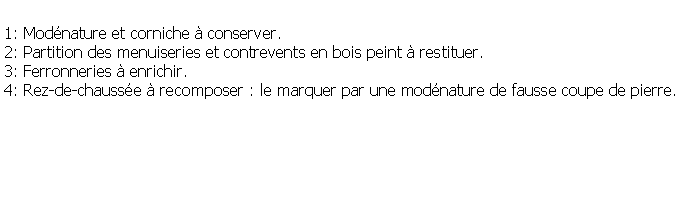 Zone de Texte: 1: Modnature et corniche  conserver.2: Partition des menuiseries et contrevents en bois peint  restituer.3: Ferronneries  enrichir.4: Rez-de-chausse  recomposer : le marquer par une modnature de fausse coupe de pierre.