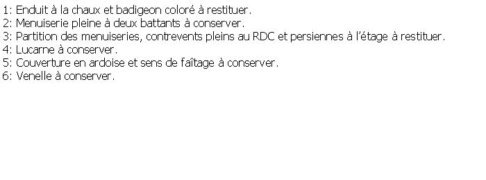 Zone de Texte: 1: Enduit  la chaux et badigeon color  restituer.2: Menuiserie pleine  deux battants  conserver.3: Partition des menuiseries, contrevents pleins au RDC et persiennes  ltage  restituer.4: Lucarne  conserver.5: Couverture en ardoise et sens de fatage  conserver.6: Venelle  conserver.