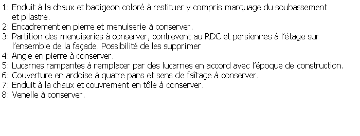 Zone de Texte: 1: Enduit  la chaux et badigeon color  restituer y compris marquage du soubassement      et pilastre.2: Encadrement en pierre et menuiserie  conserver.3: Partition des menuiseries  conserver, contrevent au RDC et persiennes  ltage sur     lensemble de la faade. Possibilit de les supprimer4: Angle en pierre  conserver.5: Lucarnes rampantes  remplacer par des lucarnes en accord avec lpoque de construction.6: Couverture en ardoise  quatre pans et sens de fatage  conserver.7: Enduit  la chaux et couvrement en tle  conserver.8: Venelle  conserver.