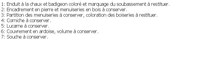 Zone de Texte: 1: Enduit  la chaux et badigeon color et marquage du soubassement  restituer.2: Encadrement en pierre et menuiseries en bois  conserver.3: Partition des menuiseries  conserver, coloration des boiseries  restituer.4: Corniche  conserver.5: Lucarne  conserver.6: Couvrement en ardoise, volume  conserver.7: Souche  conserver.