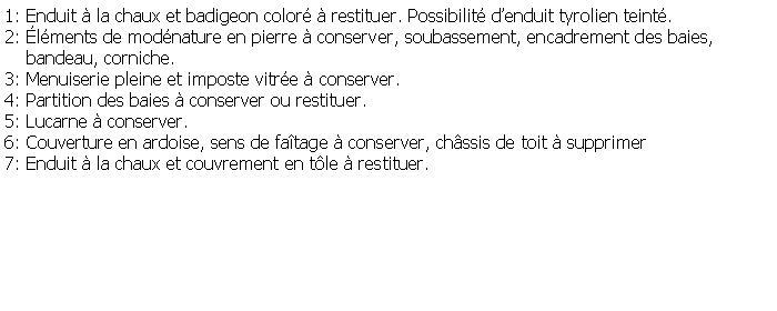 Zone de Texte: 1: Enduit  la chaux et badigeon color  restituer. Possibilit denduit tyrolien teint.2: lments de modnature en pierre  conserver, soubassement, encadrement des baies,    bandeau, corniche.3: Menuiserie pleine et imposte vitre  conserver.4: Partition des baies  conserver ou restituer.5: Lucarne  conserver.6: Couverture en ardoise, sens de fatage  conserver, chssis de toit  supprimer7: Enduit  la chaux et couvrement en tle  restituer.