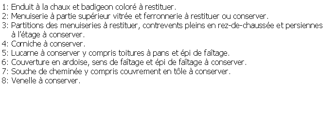 Zone de Texte: 1: Enduit  la chaux et badigeon color  restituer.2: Menuiserie  partie suprieur vitre et ferronnerie  restituer ou conserver.3: Partitions des menuiseries  restituer, contrevents pleins en rez-de-chausse et persiennes      ltage  conserver.4: Corniche  conserver. 5: Lucarne  conserver y compris toitures  pans et pi de fatage.6: Couverture en ardoise, sens de fatage et pi de fatage  conserver.7: Souche de chemine y compris couvrement en tle  conserver.8: Venelle  conserver.