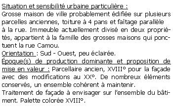 Zone de Texte: Situation et sensibilit urbaine particulire : Grosse maison de ville probablement difie sur plusieurs parcelles anciennes, toiture  4 pans et fatage parallle  la rue. Immeuble actuellement divis en deux proprits, appartient  la famille des grosses maisons qui ponctuent la rue Camou.Orientation : Sud - Ouest, peu claire.poque(s) de production dominante et proposition de mise en valeur : Parcellaire ancien, XVIII pour la faade avec des modifications au XX. De nombreux lments conservs, un ensemble cohrent  maintenir.Traitement de faade  envisager sur lensemble du btiment. Palette colore XVIII.