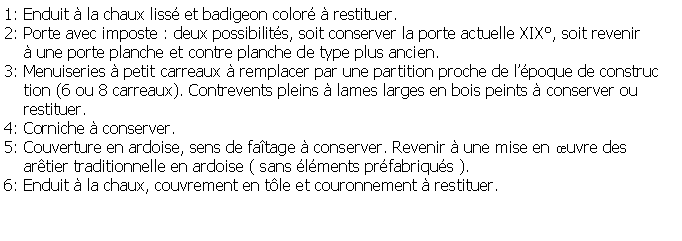 Zone de Texte: 1: Enduit  la chaux liss et badigeon color  restituer.2: Porte avec imposte : deux possibilits, soit conserver la porte actuelle XIX, soit revenir      une porte planche et contre planche de type plus ancien.3: Menuiseries  petit carreaux  remplacer par une partition proche de lpoque de construc    tion (6 ou 8 carreaux). Contrevents pleins  lames larges en bois peints  conserver ou    restituer.4: Corniche  conserver.5: Couverture en ardoise, sens de fatage  conserver. Revenir  une mise en uvre des    artier traditionnelle en ardoise ( sans lments prfabriqus ).6: Enduit  la chaux, couvrement en tle et couronnement  restituer.