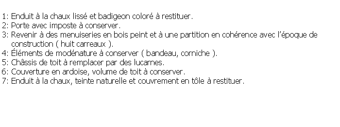 Zone de Texte: 1: Enduit  la chaux liss et badigeon color  restituer.2: Porte avec imposte  conserver.3: Revenir  des menuiseries en bois peint et  une partition en cohrence avec lpoque de    construction ( huit carreaux ).4: lments de modnature  conserver ( bandeau, corniche ).5: Chssis de toit  remplacer par des lucarnes.6: Couverture en ardoise, volume de toit  conserver.7: Enduit  la chaux, teinte naturelle et couvrement en tle  restituer.