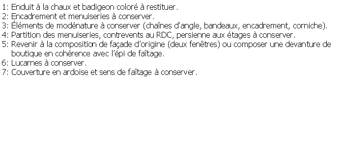 Zone de Texte: 1: Enduit  la chaux et badigeon color  restituer.2: Encadrement et menuiseries  conserver.3: lments de modnature  conserver (chanes dangle, bandeaux, encadrement, corniche).4: Partition des menuiseries, contrevents au RDC, persienne aux tages  conserver.5: Revenir  la composition de faade dorigine (deux fentres) ou composer une devanture de    boutique en cohrence avec lpi de fatage.6: Lucarnes  conserver.7: Couverture en ardoise et sens de fatage  conserver.