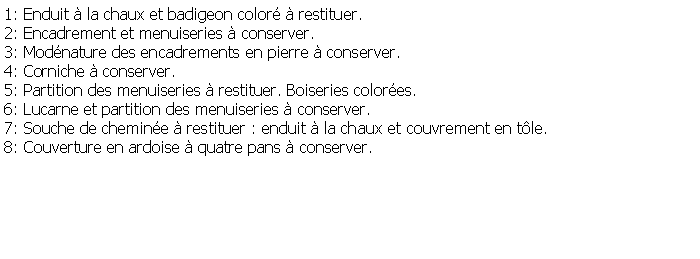 Zone de Texte: 1: Enduit  la chaux et badigeon color  restituer.2: Encadrement et menuiseries  conserver.3: Modnature des encadrements en pierre  conserver.4: Corniche  conserver.5: Partition des menuiseries  restituer. Boiseries colores.6: Lucarne et partition des menuiseries  conserver.7: Souche de chemine  restituer : enduit  la chaux et couvrement en tle. 8: Couverture en ardoise  quatre pans  conserver.