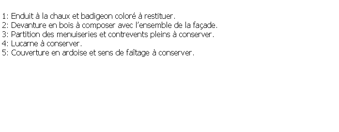 Zone de Texte: 1: Enduit  la chaux et badigeon color  restituer.2: Devanture en bois  composer avec lensemble de la faade.3: Partition des menuiseries et contrevents pleins  conserver.4: Lucarne  conserver.5: Couverture en ardoise et sens de fatage  conserver.