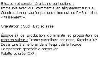 Zone de Texte: Situation et sensibilit urbaine particulire :Immeuble avec RDC commercial en alignement sur rue .Construction encadre par deux immeubles R+3 effet de  tassement . Orientation : Sud - Est, clairepoque(s) de production dominante et proposition de mise en valeur : Trame parcellaire ancienne, faade XIXDevanture  amliorer dans lesprit de la faade.Composition gnrale  conserverPalette colore XIX.