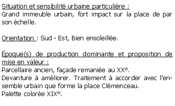 Zone de Texte: Situation et sensibilit urbaine particulire :Grand immeuble urbain, fort impact sur la place de par son chelle.Orientation : Sud - Est, Bien ensoleille.poque(s) de production dominante et proposition de mise en valeur :Parcellaire ancien, faade remanie au XX.Devanture  amliorer. Traitement  accorder avec lensemble urbain que forme la place Clmenceau.Palette colore XIX. 