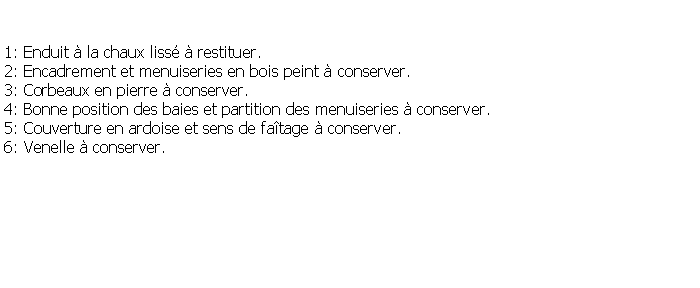 Zone de Texte: 1: Enduit  la chaux liss  restituer.2: Encadrement et menuiseries en bois peint  conserver.3: Corbeaux en pierre  conserver.4: Bonne position des baies et partition des menuiseries  conserver.5: Couverture en ardoise et sens de fatage  conserver.6: Venelle  conserver. 