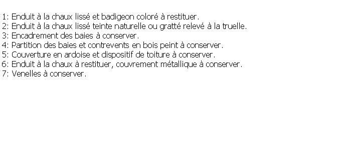 Zone de Texte: 1: Enduit  la chaux liss et badigeon color  restituer.2: Enduit  la chaux liss teinte naturelle ou gratt relev  la truelle.3: Encadrement des baies  conserver.4: Partition des baies et contrevents en bois peint  conserver.5: Couverture en ardoise et dispositif de toiture  conserver.6: Enduit  la chaux  restituer, couvrement mtallique  conserver.7: Venelles  conserver.