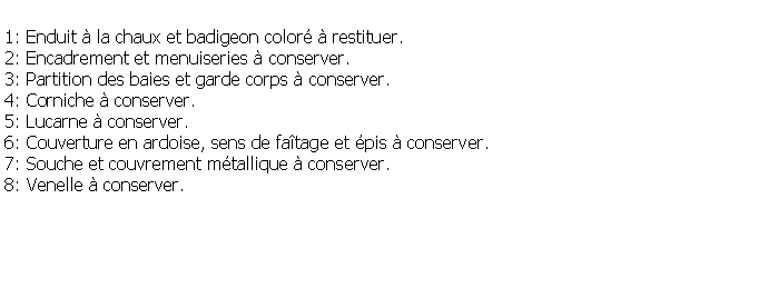 Zone de Texte: 1: Enduit  la chaux et badigeon color  restituer.2: Encadrement et menuiseries  conserver.3: Partition des baies et garde corps  conserver.4: Corniche  conserver.5: Lucarne  conserver.6: Couverture en ardoise, sens de fatage et pis  conserver.7: Souche et couvrement mtallique  conserver.8: Venelle  conserver.