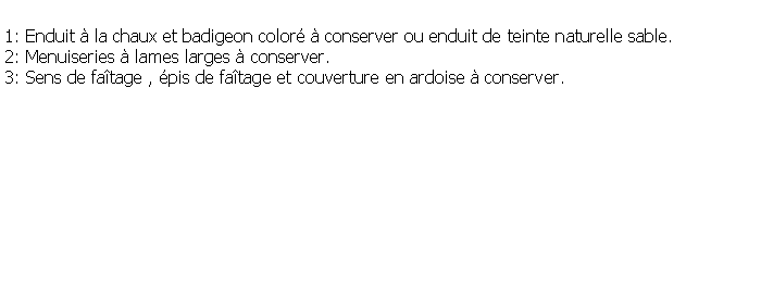 Zone de Texte: 1: Enduit  la chaux et badigeon color  conserver ou enduit de teinte naturelle sable.2: Menuiseries  lames larges  conserver.3: Sens de fatage , pis de fatage et couverture en ardoise  conserver.