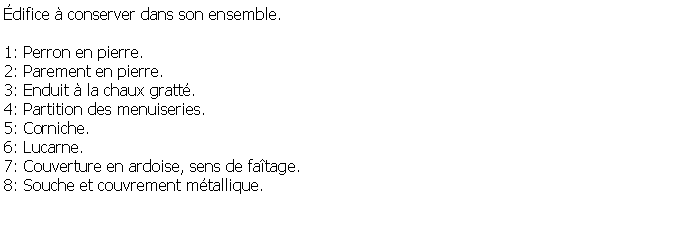 Zone de Texte: difice  conserver dans son ensemble.1: Perron en pierre.2: Parement en pierre.3: Enduit  la chaux gratt.4: Partition des menuiseries.5: Corniche.6: Lucarne.7: Couverture en ardoise, sens de fatage.8: Souche et couvrement mtallique.