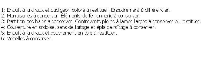 Zone de Texte: 1: Enduit  la chaux et badigeon color  restituer. Encadrement  diffrencier.2: Menuiseries  conserver. lments de ferronnerie  conserver.3: Partition des baies  conserver. Contrevents pleins  lames larges  conserver ou restituer.4: Couverture en ardoise, sens de fatage et pis de fatage  conserver.5: Enduit  la chaux et couvrement en tle  restituer.6: Venelles  conserver.