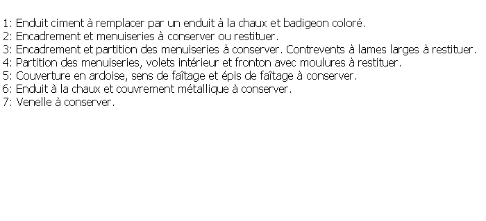 Zone de Texte: 1: Enduit ciment  remplacer par un enduit  la chaux et badigeon color.2: Encadrement et menuiseries  conserver ou restituer.3: Encadrement et partition des menuiseries  conserver. Contrevents  lames larges  restituer.4: Partition des menuiseries, volets intrieur et fronton avec moulures  restituer.5: Couverture en ardoise, sens de fatage et pis de fatage  conserver.6: Enduit  la chaux et couvrement mtallique  conserver.7: Venelle  conserver.