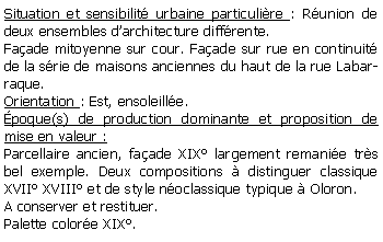 Zone de Texte: Situation et sensibilit urbaine particulire : Runion de deux ensembles darchitecture diffrente.Faade mitoyenne sur cour. Faade sur rue en continuit de la srie de maisons anciennes du haut de la rue Labarraque.Orientation : Est, ensoleille.poque(s) de production dominante et proposition de mise en valeur : Parcellaire ancien, faade XIX largement remanie trs bel exemple. Deux compositions  distinguer classique XVII XVIII et de style noclassique typique  Oloron.A conserver et restituer.Palette colore XIX.