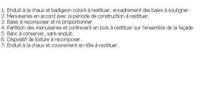 Zone de Texte: 1: Enduit  la chaux et badigeon color  restituer, encadrement des baies  souligner.2: Menuiseries en accord avec la priode de construction  restituer.3: Baies  recomposer et re proportionner 4: Partition des menuiseries et contrevent en bois  restituer sur lensemble de la faade.5: Banc  conserver, sans enduit.6: Dispositif de toiture  recomposer.7: Enduit  la chaux et couvrement en tle  restituer.