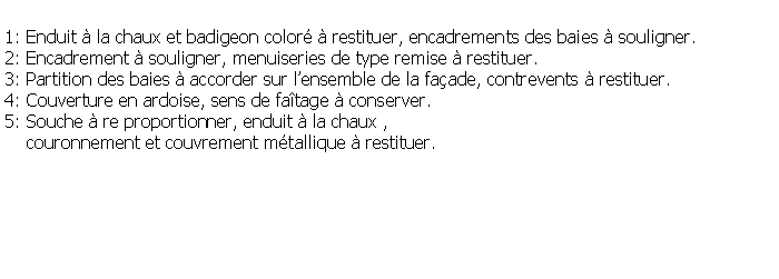 Zone de Texte: 1: Enduit  la chaux et badigeon color  restituer, encadrements des baies  souligner.2: Encadrement  souligner, menuiseries de type remise  restituer.3: Partition des baies  accorder sur lensemble de la faade, contrevents  restituer.4: Couverture en ardoise, sens de fatage  conserver.5: Souche  re proportionner, enduit  la chaux ,     couronnement et couvrement mtallique  restituer.