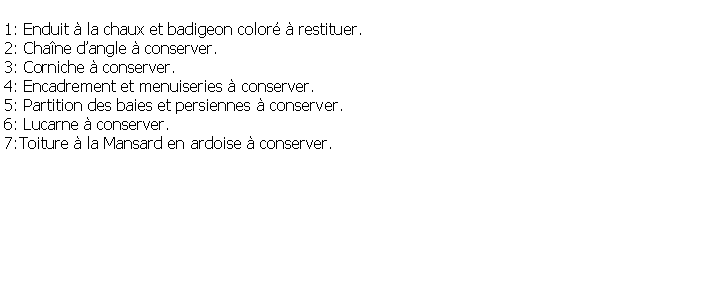 Zone de Texte: 1: Enduit  la chaux et badigeon color  restituer.2: Chane dangle  conserver.3: Corniche  conserver.4: Encadrement et menuiseries  conserver.5: Partition des baies et persiennes  conserver.6: Lucarne  conserver.7:Toiture  la Mansard en ardoise  conserver.