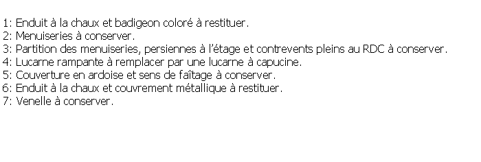 Zone de Texte:  1: Enduit  la chaux et badigeon color  restituer.2: Menuiseries  conserver.3: Partition des menuiseries, persiennes  ltage et contrevents pleins au RDC  conserver.4: Lucarne rampante  remplacer par une lucarne  capucine.5: Couverture en ardoise et sens de fatage  conserver.6: Enduit  la chaux et couvrement mtallique  restituer.7: Venelle  conserver.