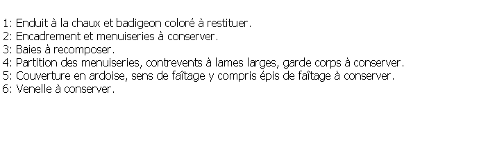 Zone de Texte: 1: Enduit  la chaux et badigeon color  restituer.2: Encadrement et menuiseries  conserver.3: Baies  recomposer.4: Partition des menuiseries, contrevents  lames larges, garde corps  conserver.5: Couverture en ardoise, sens de fatage y compris pis de fatage  conserver.6: Venelle  conserver.