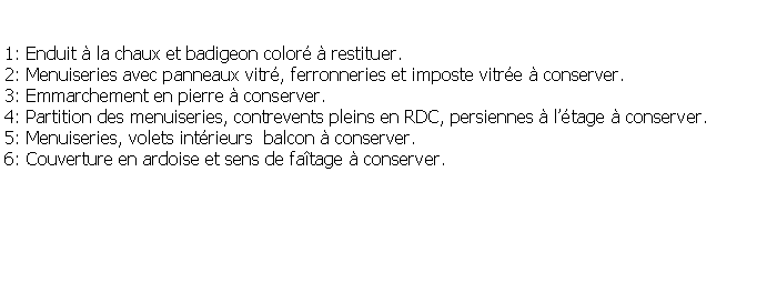 Zone de Texte: 1: Enduit  la chaux et badigeon color  restituer.2: Menuiseries avec panneaux vitr, ferronneries et imposte vitre  conserver.3: Emmarchement en pierre  conserver.4: Partition des menuiseries, contrevents pleins en RDC, persiennes  ltage  conserver.5: Menuiseries, volets intrieurs  balcon  conserver.6: Couverture en ardoise et sens de fatage  conserver.