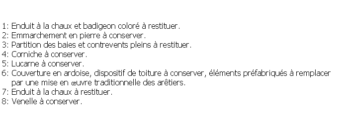 Zone de Texte: 1: Enduit  la chaux et badigeon color  restituer.2: Emmarchement en pierre  conserver.3: Partition des baies et contrevents pleins  restituer.4: Corniche  conserver.5: Lucarne  conserver.6: Couverture en ardoise, dispositif de toiture  conserver, lments prfabriqus  remplacer    par une mise en uvre traditionnelle des artiers.7: Enduit  la chaux  restituer.8: Venelle  conserver.