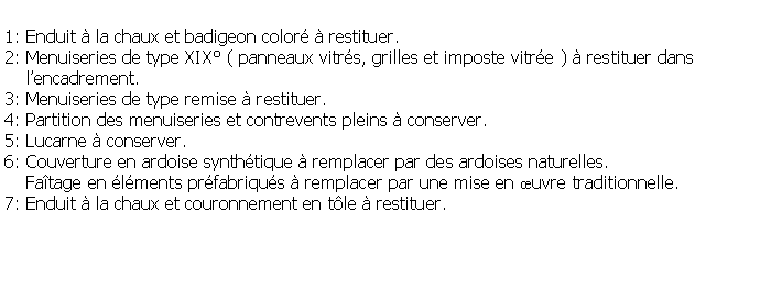 Zone de Texte: 1: Enduit  la chaux et badigeon color  restituer.2: Menuiseries de type XIX ( panneaux vitrs, grilles et imposte vitre )  restituer dans     lencadrement.3: Menuiseries de type remise  restituer.4: Partition des menuiseries et contrevents pleins  conserver.5: Lucarne  conserver.6: Couverture en ardoise synthtique  remplacer par des ardoises naturelles.    Fatage en lments prfabriqus  remplacer par une mise en uvre traditionnelle.7: Enduit  la chaux et couronnement en tle  restituer.