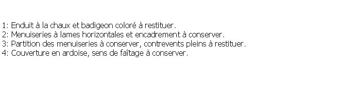 Zone de Texte: 1: Enduit  la chaux et badigeon color  restituer.2: Menuiseries  lames horizontales et encadrement  conserver.3: Partition des menuiseries  conserver, contrevents pleins  restituer.4: Couverture en ardoise, sens de fatage  conserver.