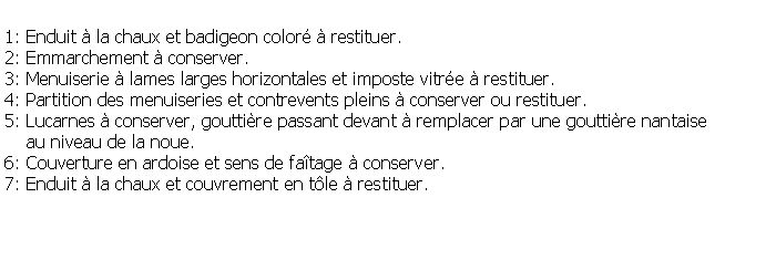 Zone de Texte: 1: Enduit  la chaux et badigeon color  restituer.2: Emmarchement  conserver.3: Menuiserie  lames larges horizontales et imposte vitre  restituer.4: Partition des menuiseries et contrevents pleins  conserver ou restituer.5: Lucarnes  conserver, gouttire passant devant  remplacer par une gouttire nantaise     au niveau de la noue.6: Couverture en ardoise et sens de fatage  conserver.7: Enduit  la chaux et couvrement en tle  restituer.