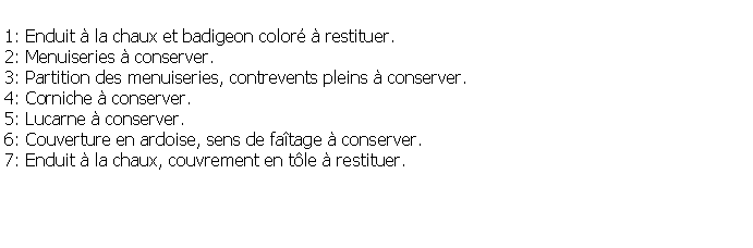 Zone de Texte:  1: Enduit  la chaux et badigeon color  restituer.2: Menuiseries  conserver.3: Partition des menuiseries, contrevents pleins  conserver.4: Corniche  conserver.5: Lucarne  conserver.6: Couverture en ardoise, sens de fatage  conserver.7: Enduit  la chaux, couvrement en tle  restituer.