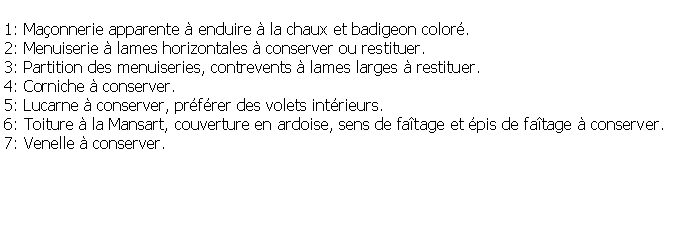 Zone de Texte: 1: Maonnerie apparente  enduire  la chaux et badigeon color.2: Menuiserie  lames horizontales  conserver ou restituer.3: Partition des menuiseries, contrevents  lames larges  restituer.4: Corniche  conserver.5: Lucarne  conserver, prfrer des volets intrieurs.6: Toiture  la Mansart, couverture en ardoise, sens de fatage et pis de fatage  conserver.7: Venelle  conserver.