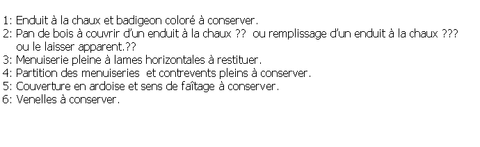 Zone de Texte: 1: Enduit  la chaux et badigeon color  conserver.2: Pan de bois  couvrir dun enduit  la chaux ??  ou remplissage dun enduit  la chaux ???    ou le laisser apparent.??3: Menuiserie pleine  lames horizontales  restituer.4: Partition des menuiseries  et contrevents pleins  conserver. 5: Couverture en ardoise et sens de fatage  conserver.6: Venelles  conserver.