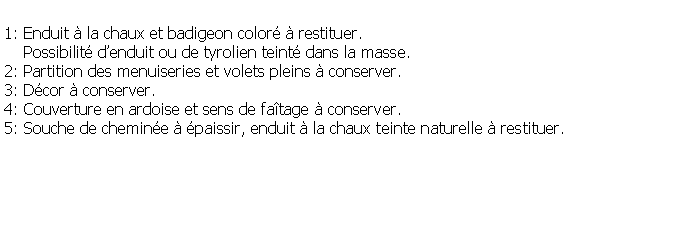 Zone de Texte: 1: Enduit  la chaux et badigeon color  restituer.     Possibilit denduit ou de tyrolien teint dans la masse.2: Partition des menuiseries et volets pleins  conserver.3: Dcor  conserver.4: Couverture en ardoise et sens de fatage  conserver.5: Souche de chemine  paissir, enduit  la chaux teinte naturelle  restituer.