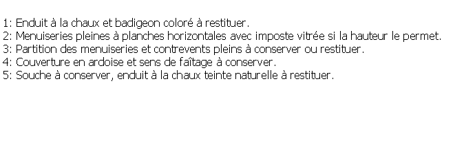 Zone de Texte: 1: Enduit  la chaux et badigeon color  restituer.2: Menuiseries pleines  planches horizontales avec imposte vitre si la hauteur le permet.3: Partition des menuiseries et contrevents pleins  conserver ou restituer.4: Couverture en ardoise et sens de fatage  conserver.5: Souche  conserver, enduit  la chaux teinte naturelle  restituer.