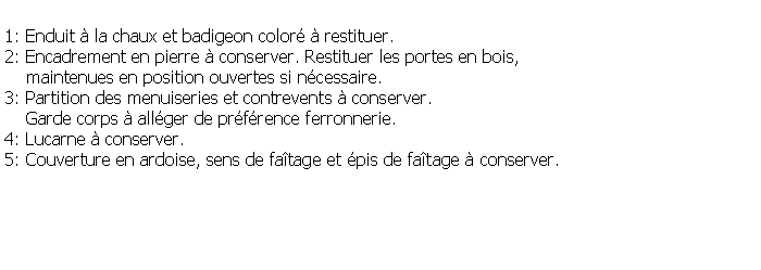 Zone de Texte: 1: Enduit  la chaux et badigeon color  restituer.2: Encadrement en pierre  conserver. Restituer les portes en bois,     maintenues en position ouvertes si ncessaire.3: Partition des menuiseries et contrevents  conserver.    Garde corps  allger de prfrence ferronnerie.4: Lucarne  conserver.5: Couverture en ardoise, sens de fatage et pis de fatage  conserver.