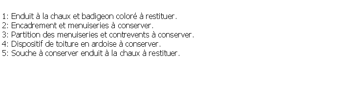 Zone de Texte: 1: Enduit  la chaux et badigeon color  restituer.2: Encadrement et menuiseries  conserver.3: Partition des menuiseries et contrevents  conserver.4: Dispositif de toiture en ardoise  conserver.5: Souche  conserver enduit  la chaux  restituer.