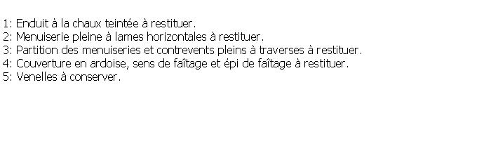 Zone de Texte: 1: Enduit  la chaux teinte  restituer.2: Menuiserie pleine  lames horizontales  restituer.3: Partition des menuiseries et contrevents pleins  traverses  restituer.4: Couverture en ardoise, sens de fatage et pi de fatage  restituer.5: Venelles  conserver.