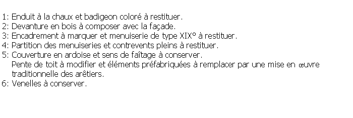 Zone de Texte: 1: Enduit  la chaux et badigeon color  restituer.2: Devanture en bois  composer avec la faade.3: Encadrement  marquer et menuiserie de type XIX  restituer.4: Partition des menuiseries et contrevents pleins  restituer.5: Couverture en ardoise et sens de fatage  conserver.    Pente de toit  modifier et lments prfabriques  remplacer par une mise en uvre    traditionnelle des artiers. 6: Venelles  conserver.