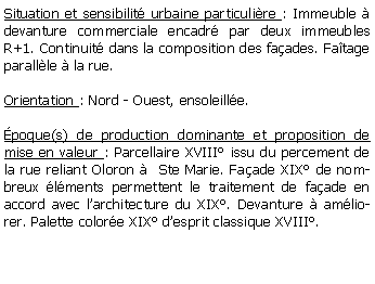 Zone de Texte: Situation et sensibilit urbaine particulire : Immeuble  devanture commerciale encadr par deux immeubles R+1. Continuit dans la composition des faades. Fatage parallle  la rue.Orientation : Nord - Ouest, ensoleille.poque(s) de production dominante et proposition de mise en valeur : Parcellaire XVIII issu du percement de la rue reliant Oloron   Ste Marie. Faade XIX de nombreux lments permettent le traitement de faade en accord avec larchitecture du XIX. Devanture  amliorer. Palette colore XIX desprit classique XVIII.